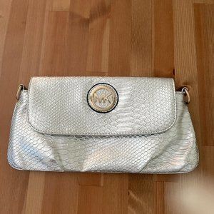 Michael Kors Silver Metallic Two Tone Leather Animal Print Clutch